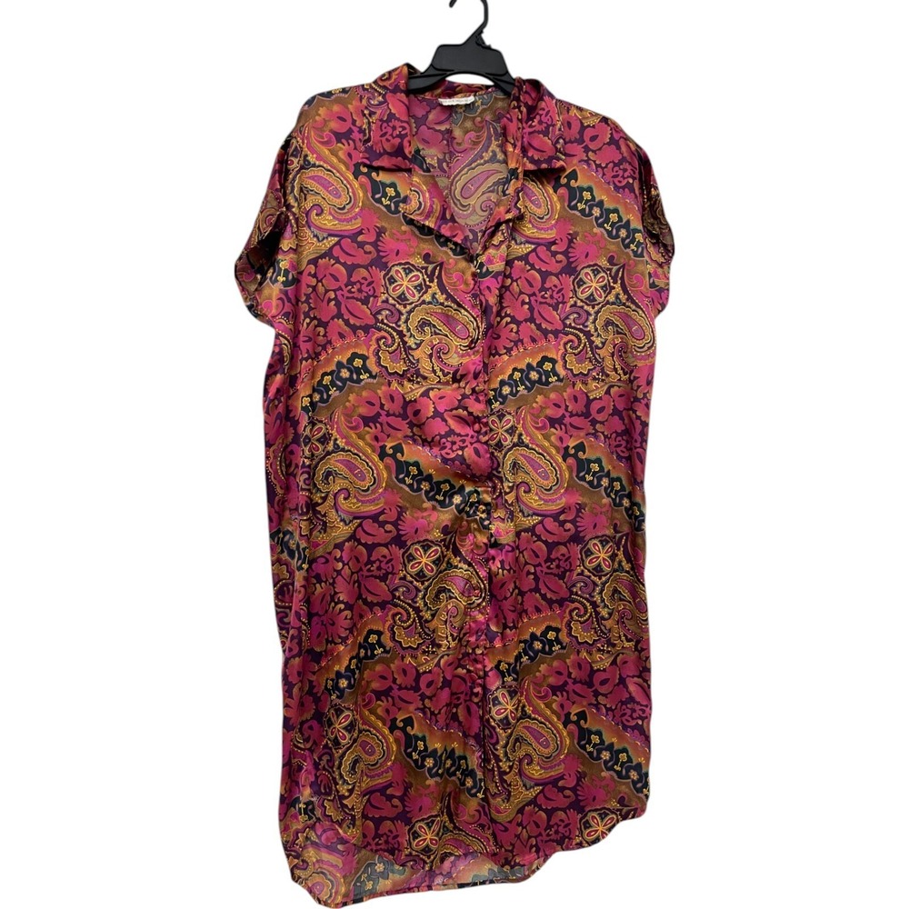 Solange Womens Sleep Shirt Multicolor Paisley Satin Short Sleeve Shift Boho XL